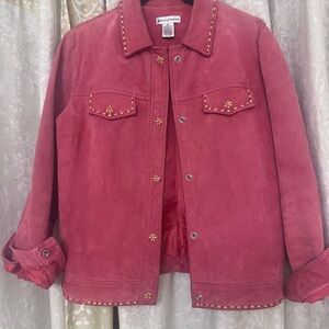 Women's Vintage Coral Leather Jacket with Beaded Detail